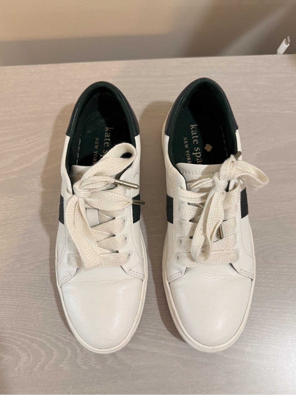 kate spade White Leather Sneakers with Black Stripe